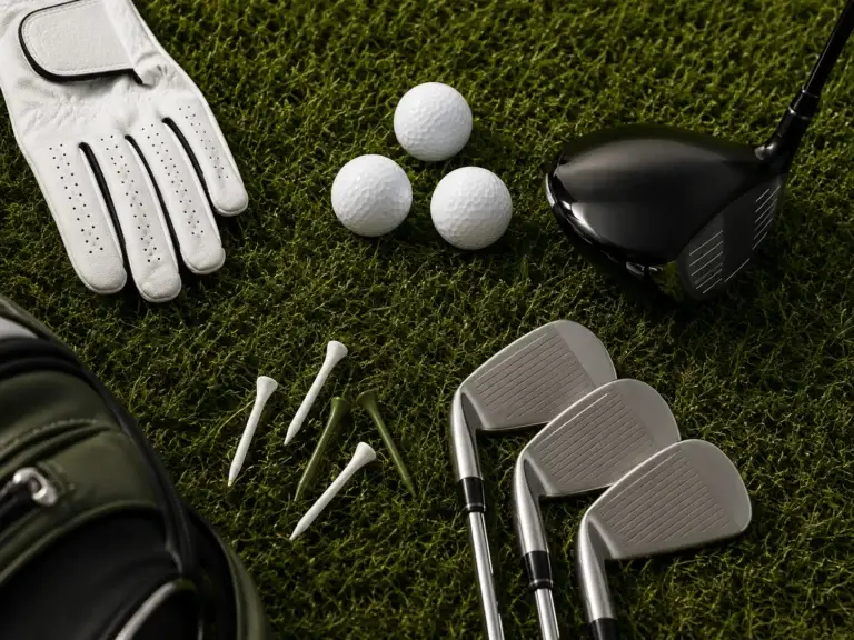 Golfclubs, golfballen, tees en een golfhandschoen op groen gras