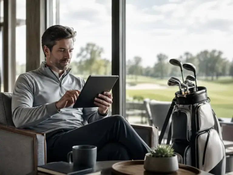 Golfer gebruikt een tablet in een lounge bij de golfbaan met een golftas naast zich voor informatie over cookies en privacy