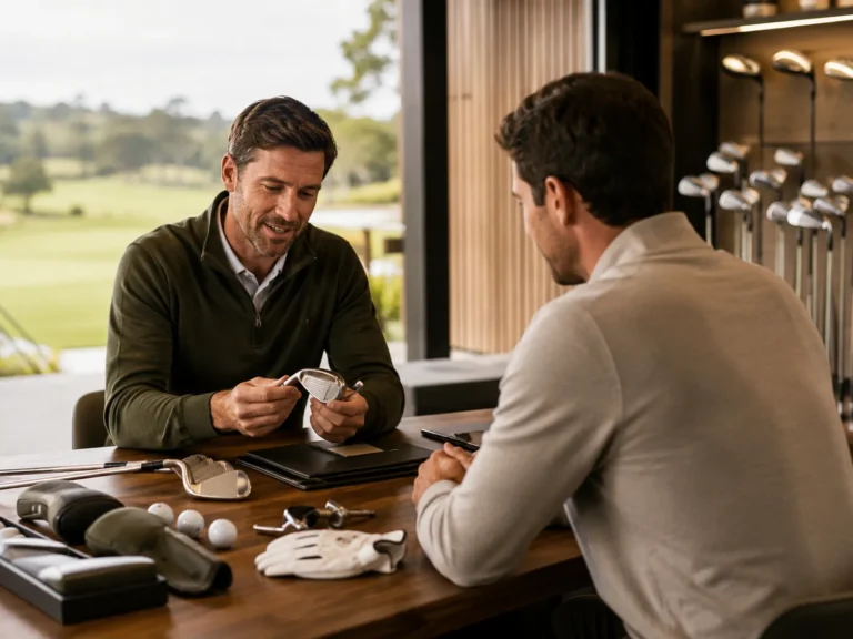 Twee mannen bespreken golfclubs en golfuitrusting aan een tafel in een moderne golfshop