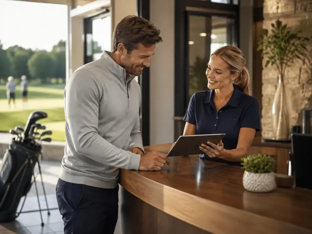 Golfer schrijft zich in aan de balie van een moderne golfclub met hulp van een medewerker en een tablet