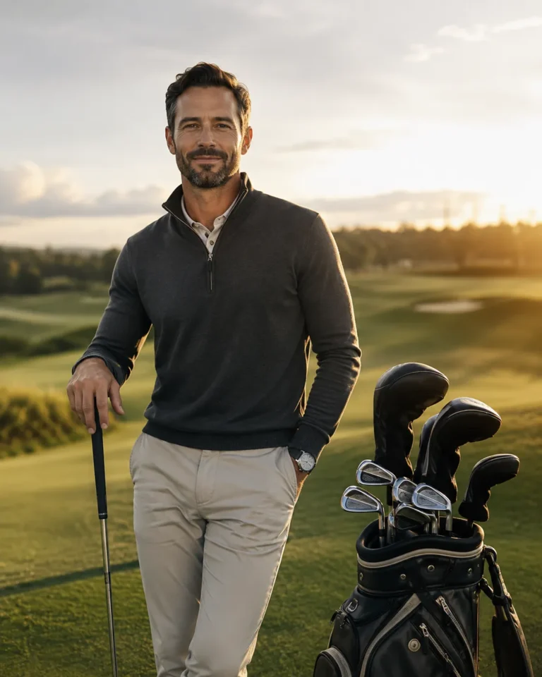 Stijlvolle golfer met een golfclub en golftas op een zonnige golfbaan