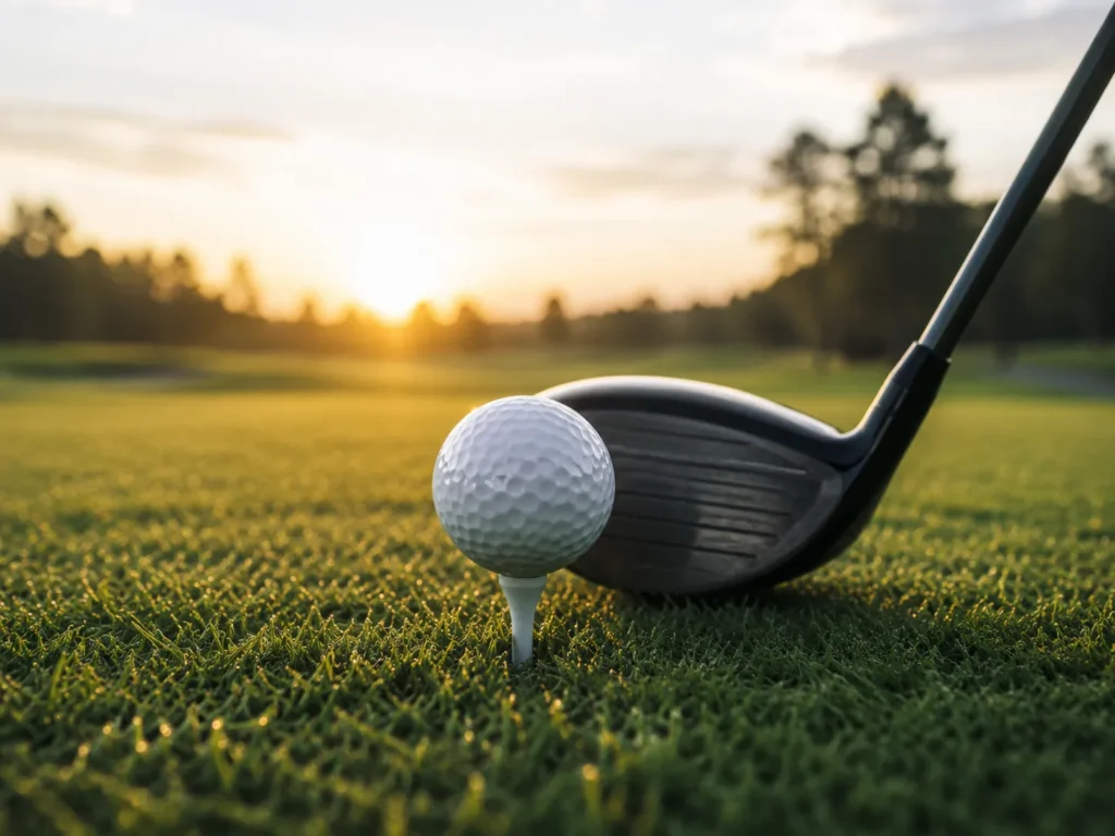 Golfbal op een tee naast een driver tijdens zonsondergang op de golfbaan
