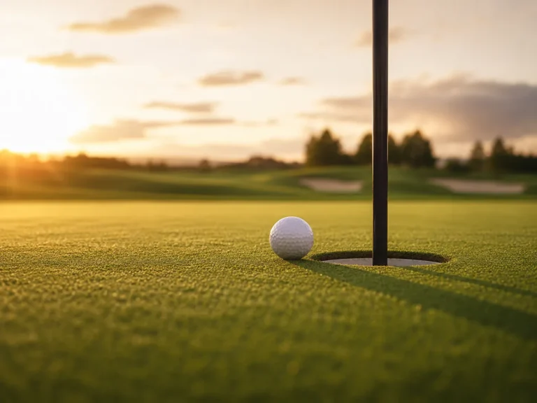 Golfbal naast de hole en vlaggenstok op een zonnige putting green