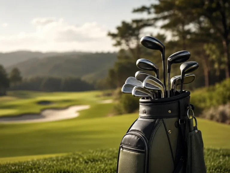 Professionele golftas met verschillende golfclubs op een groene golfbaan