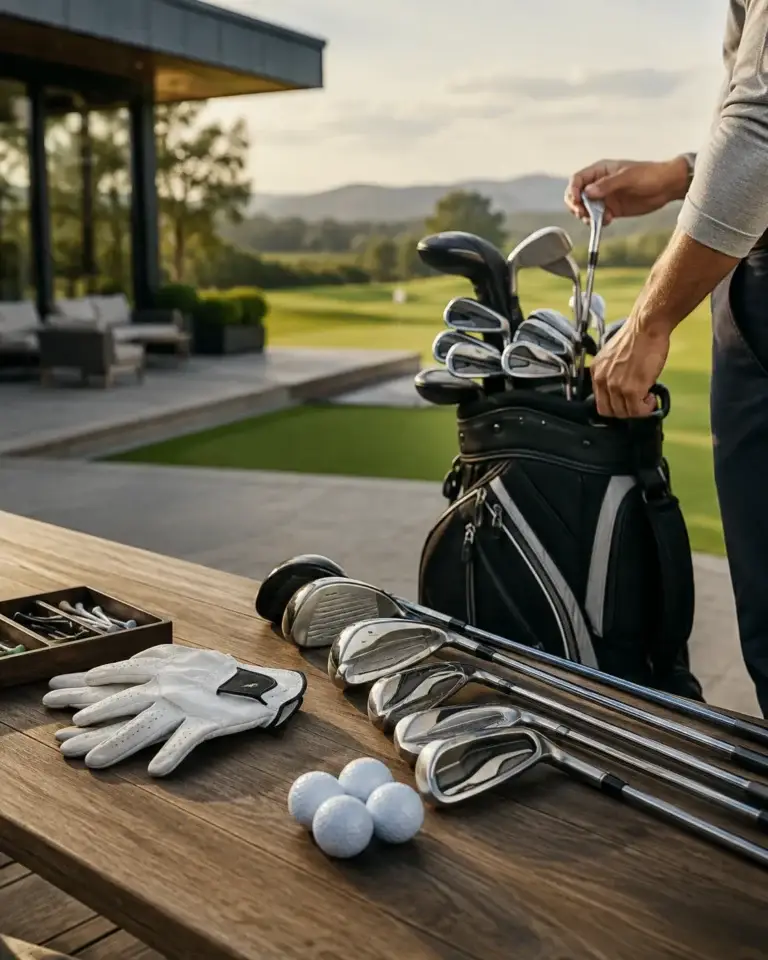 Golfclubs, golfballen en handschoen op een houten tafel naast een golftas bij het clubhuis
