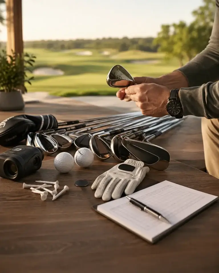 Verschillende golfclubs, golfballen, tees en een handschoen op een tafel bij de golfbaan