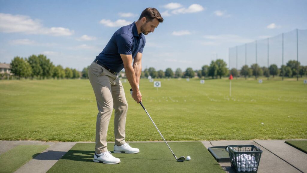 Beginnende golfer met een correcte golfhouding en neutrale startpositie op de driving range