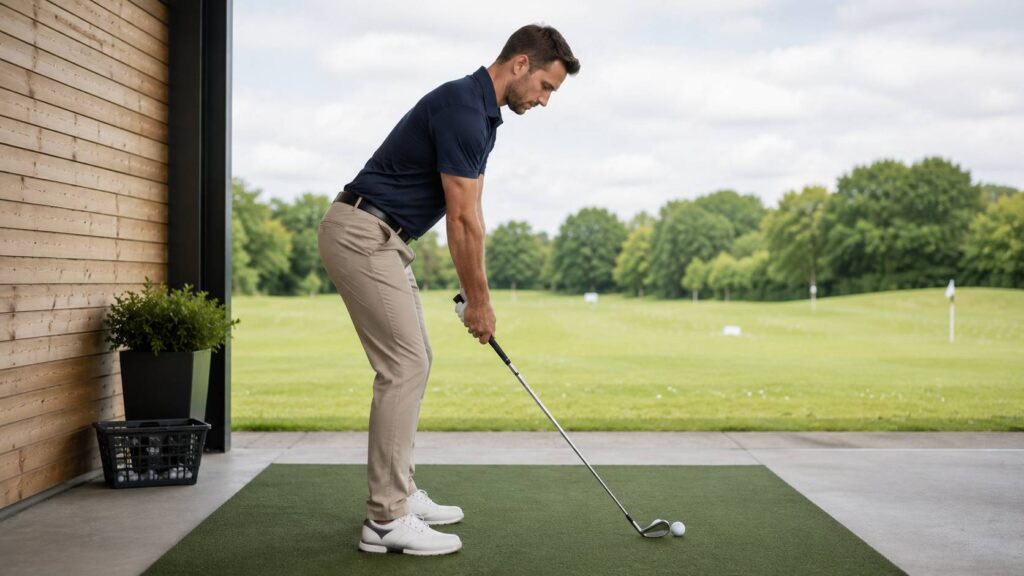 Zijaanzicht van een correcte golfhouding met lichte kniebuiging en een neutrale ruggengraat