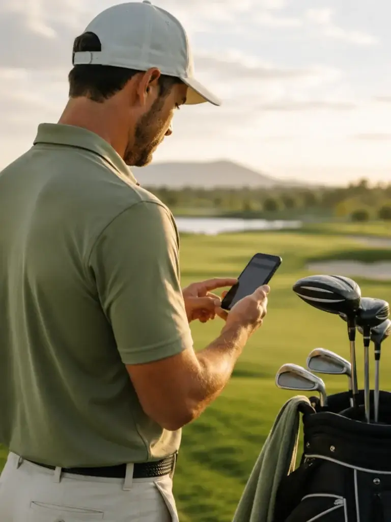 Golfer bekijkt informatie op zijn smartphone naast een golftas op de golfbaan