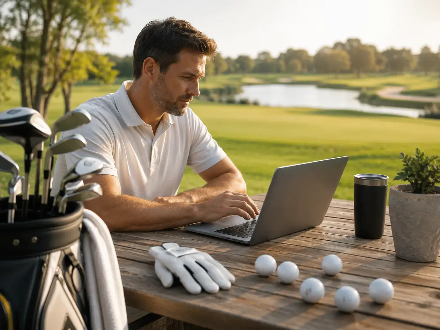 Golfer werkt op een laptop aan een houten tafel bij de golfbaan met golfuitrusting en golfballen in beeld