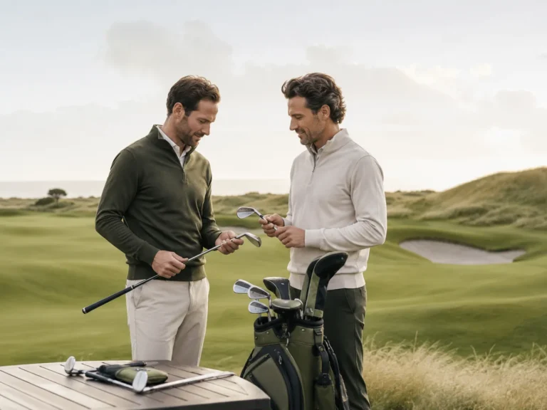 Twee golfpartners bekijken golfclubs naast een golftas op een stijlvolle golfbaanomgeving