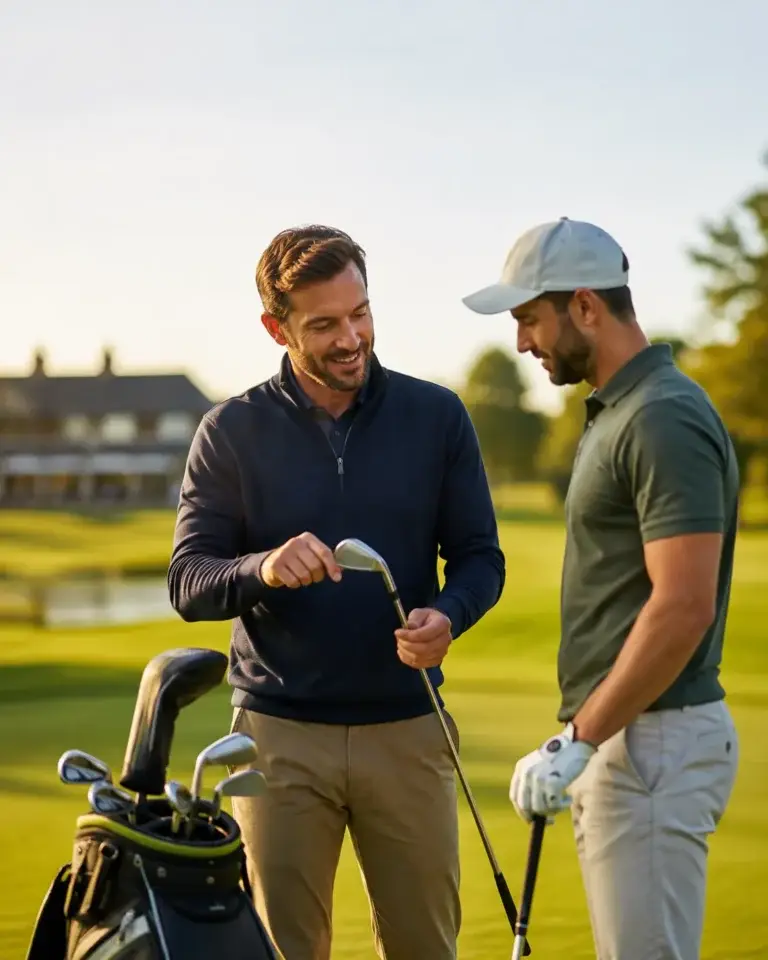 Twee golfers bespreken samen een golfclub naast een volledig gevulde golftas op de golfbaan