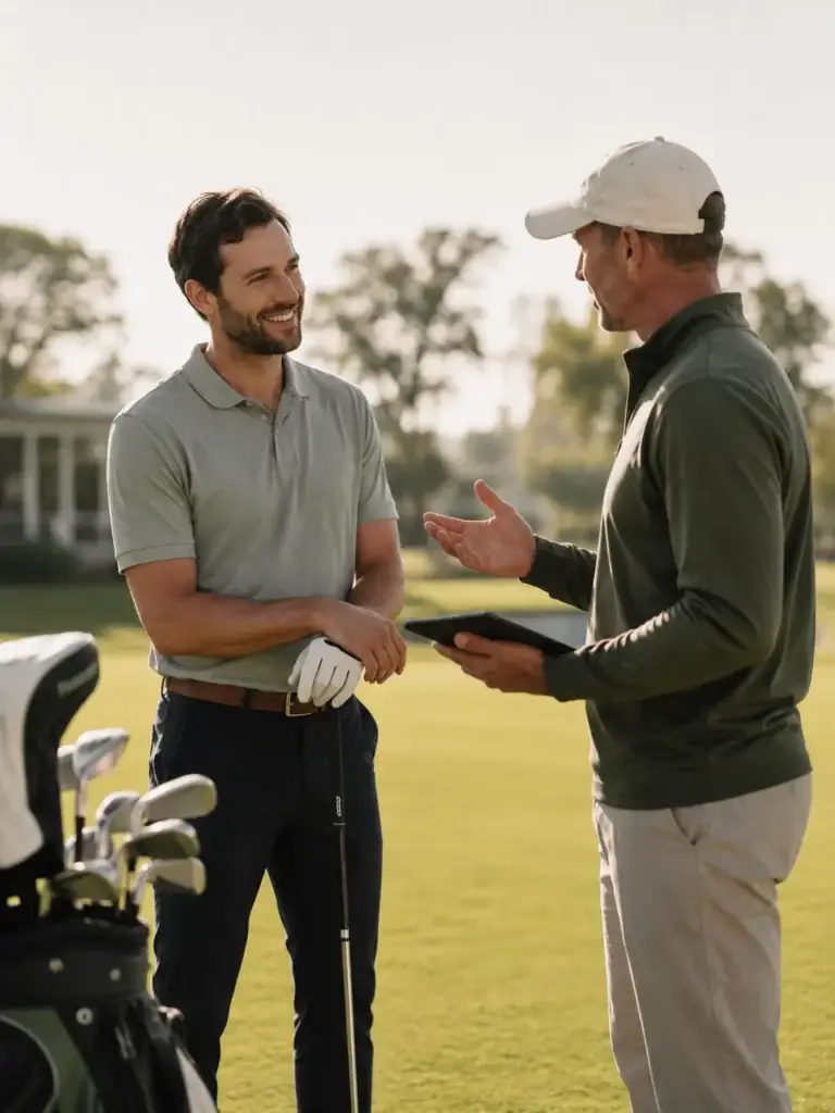 Twee golfers praten op de golfbaan terwijl één van hen een tablet vasthoudt naast golfuitrusting
