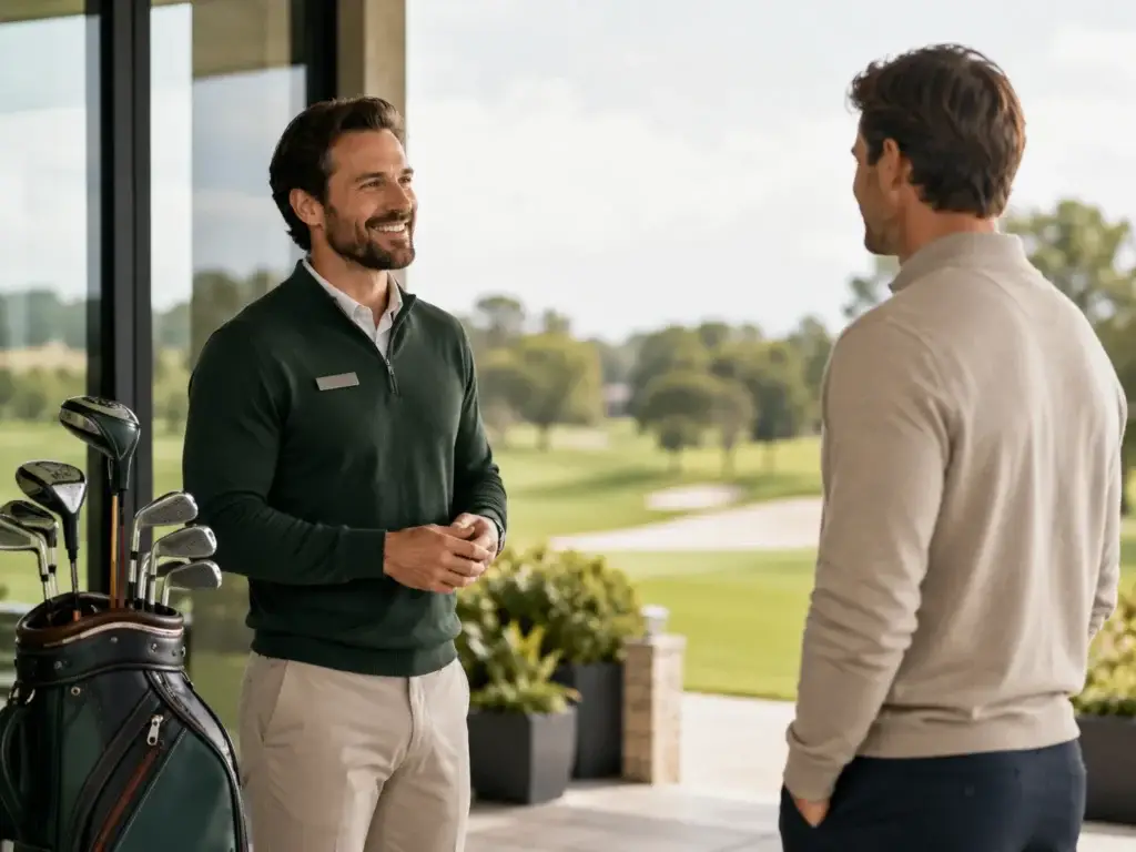 Vriendelijke medewerker van een golfclub in gesprek met een golfer naast een golftas