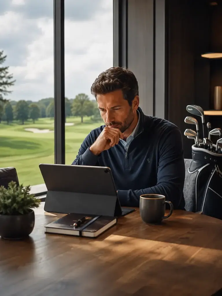 Golfer leest privacy-informatie op een tablet in een modern clubhuis met uitzicht op de golfbaan en een golftas naast zich