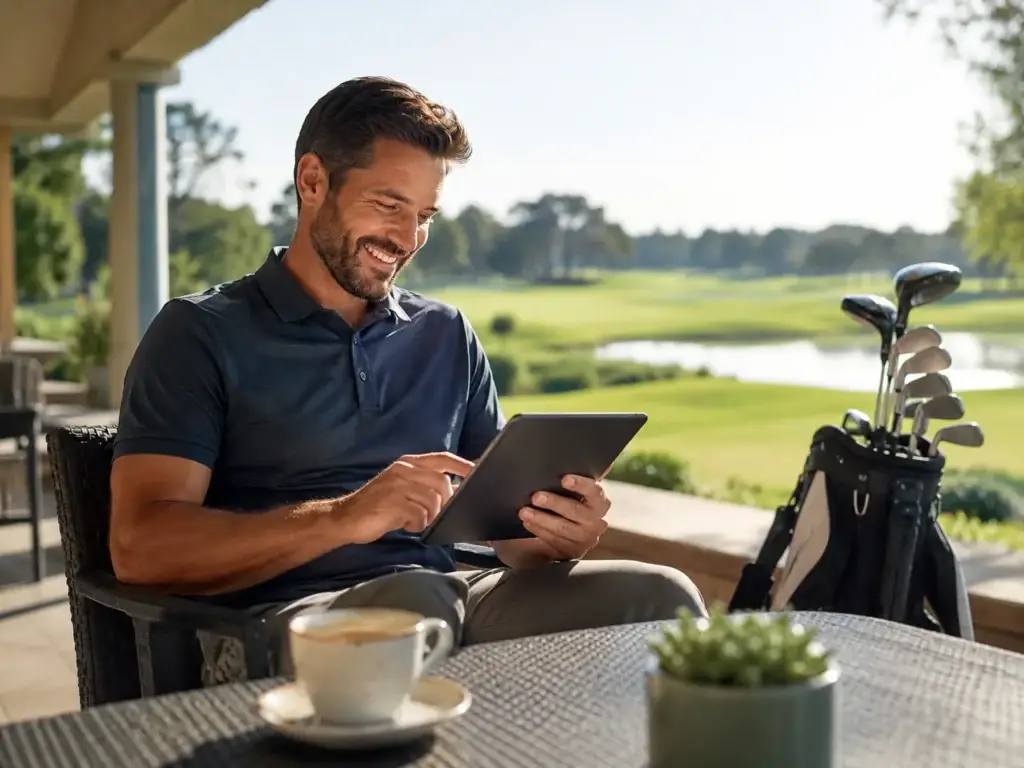 Golfer gebruikt een tablet op het terras van een golfclub naast een golftas om zich te registreren